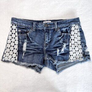 Mudd Denim Shorts | 2.5" Inseam | Dark Wash | Size 7 | Distressed | Lace | Y2K
